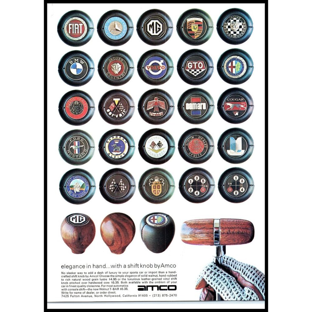 1974 Amco Accessories Gear Shift Knobs Leather Wood Vintage Print Ad Wall Art